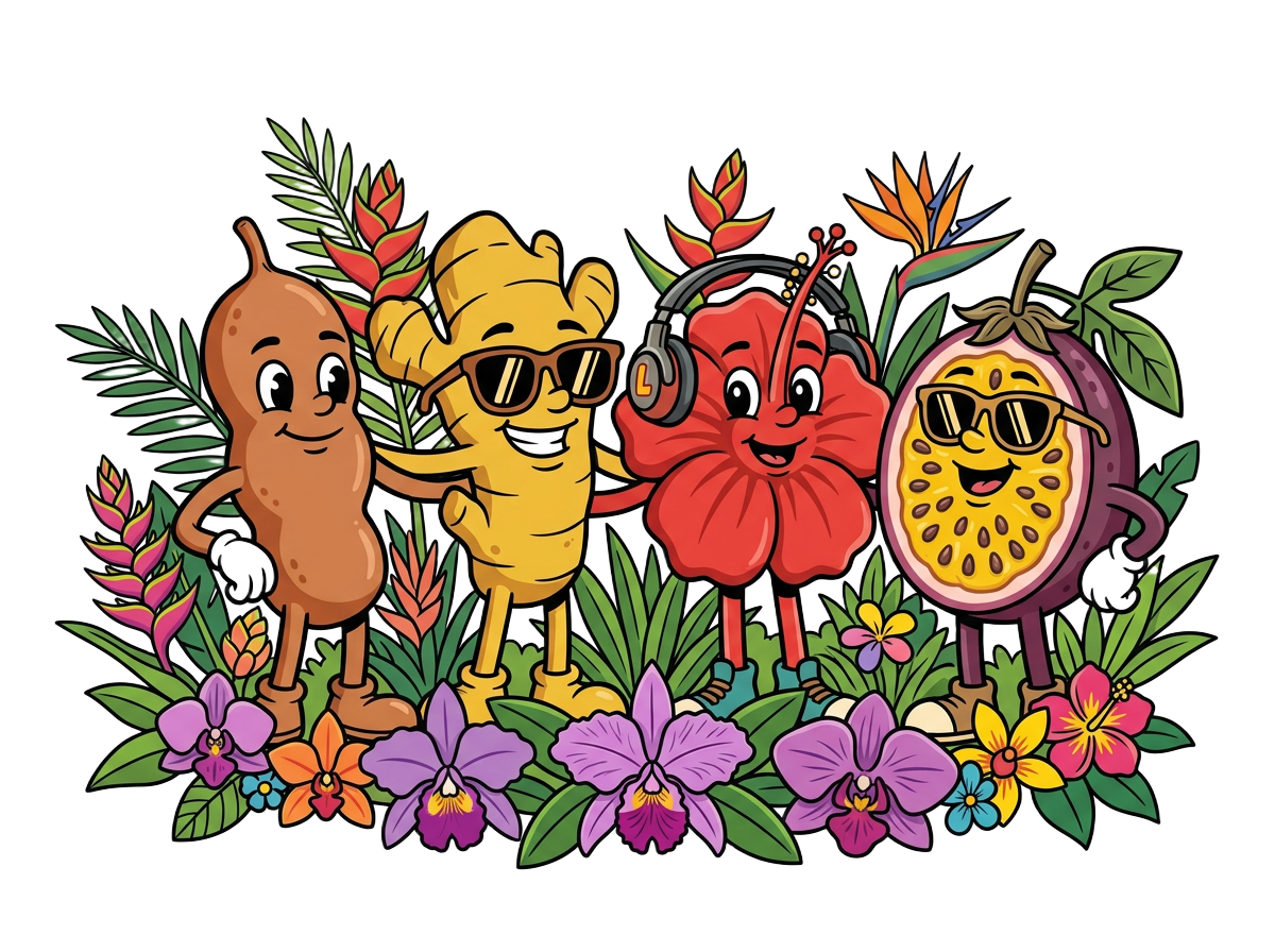 Las 4 mascotas de LoLo (Tamarindo, Jengibre, Ruby y Gulupa) entre orquídeas y flores de Medellín